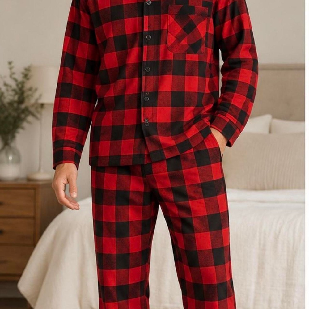 WonderShop Men's Red/Black Check Button-Up Shirt, Pajama Set M